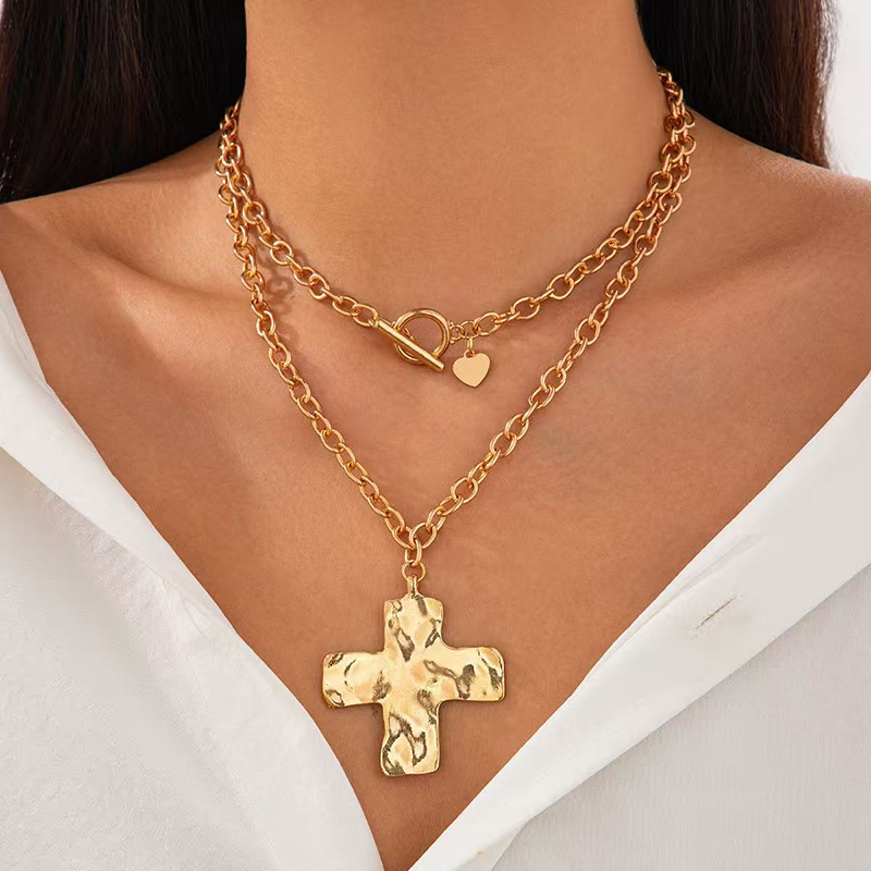Cross Pendant Necklace Gold - 여성용 골드 레이어드 청키 크로스 목걸이,