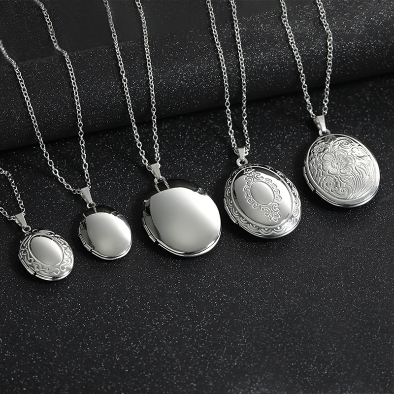 Heart Locket Necklace Photo - 빈티지 실버 색상 오픈형 타원형 사각형