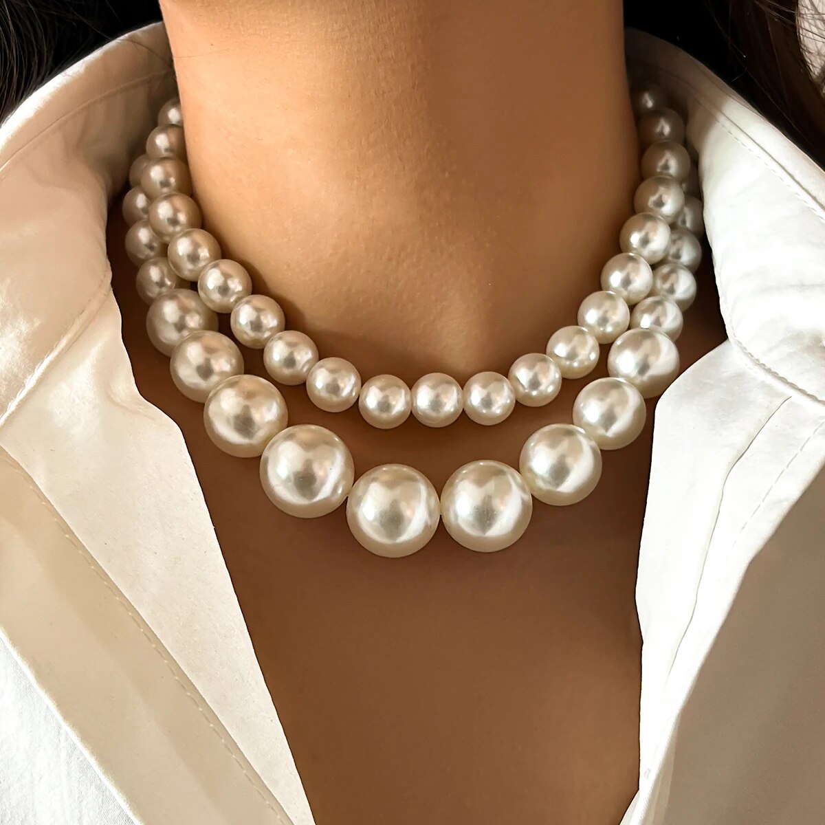 Pearl Choker Necklace Vintage - 2 개/대 여성을위한 과장된 큰 모조