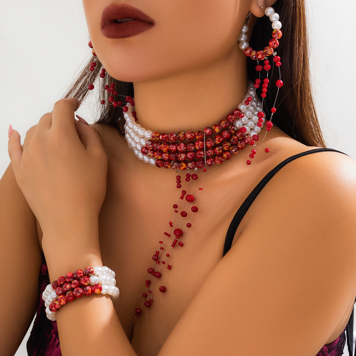 여성용 다층 빈티지 붉은 피 패턴 모조 진주 술 펜던트 - Pearl Choker Necklace Vintage 리뷰 및 가격