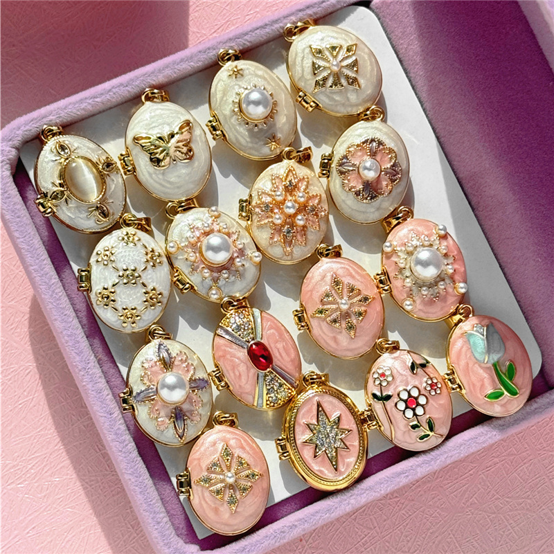 HangZhi 에나멜 로맨틱 핑크 화이트 진주 꽃 타원 - Heart Locket Necklace Photo 리뷰 및 가격
